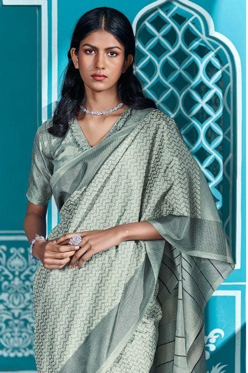 Mid Grey Cotton Saree With Lucknowi Prints cotton fabric