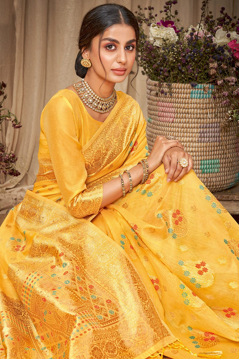 Buy Mustard Yellow Cotton Saree 15677 Online Karagiri