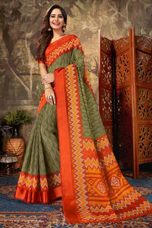 Olive Green Cotton Saree