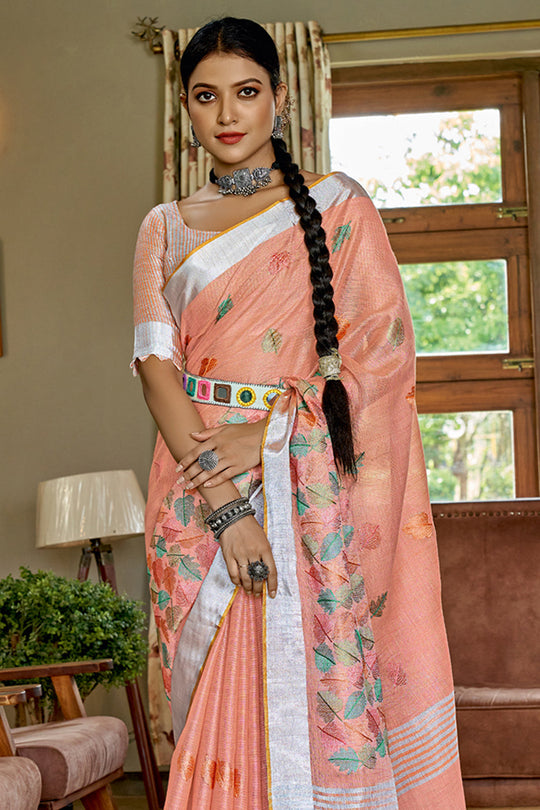 Peach Cotton Saree fancy saree