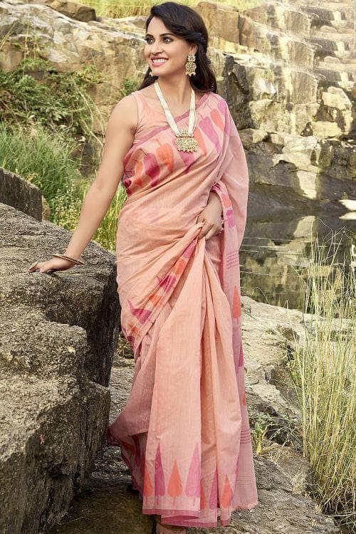 Peach Pink Cotton Saree cotton saree price