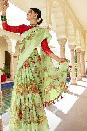 Pista Green Printed Cotton Saree