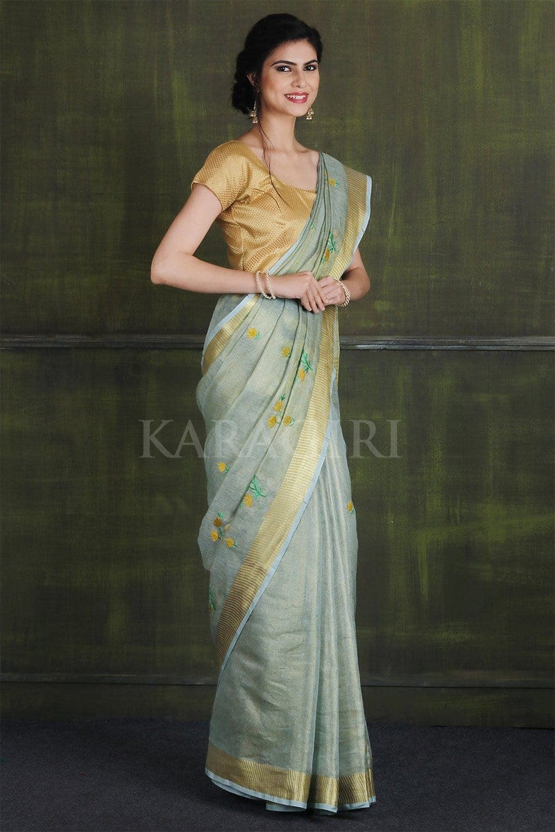 Buy Pistachio Green Metallic Zari Border Cotton Saree onlineKaragiri