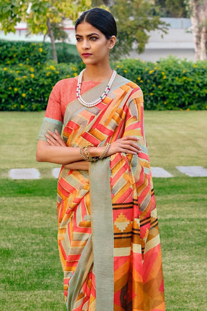 Red Multicolour Printed Cotton Saree