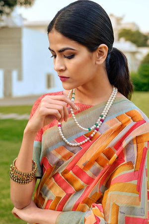 Red Multicolour Printed Cotton Saree