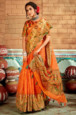 Safety Orange Cotton Saree