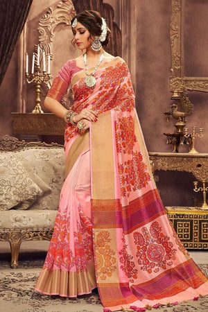 Salmon Pink Printed Cotton Saree