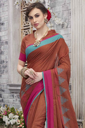 Sienna Brown Printed Cotton Saree