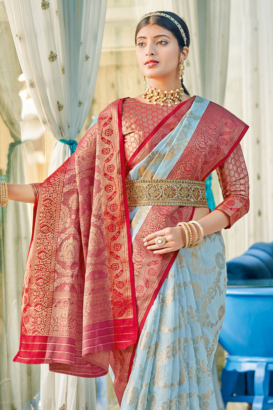 Sky Blue Cotton Saree fancy saree