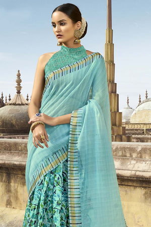 Sky Blue Printed Cotton Saree