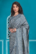 Slate Grey Cotton Saree With Lucknowi Prints cotton saree