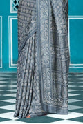 Slate Grey Cotton Saree With Lucknowi Prints cotton saree design