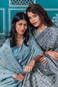Slate Grey Cotton Saree With Lucknowi Prints cotton saree online
