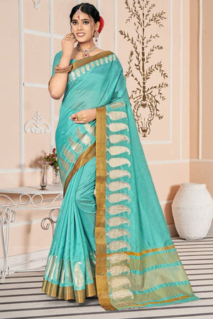 Teal Blue Cotton Saree