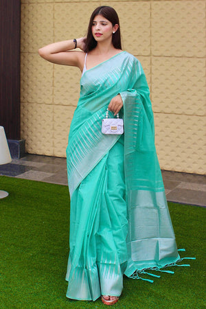 Turquoise Blue Cotton Saree
