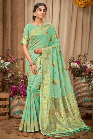 Turquoise Blue Cotton Saree