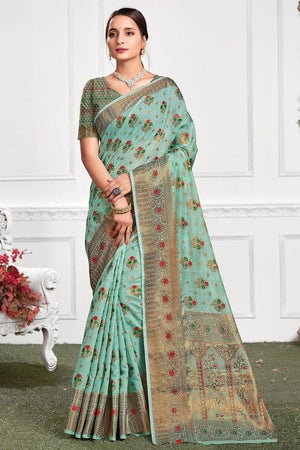 Turquoise Cotton Saree