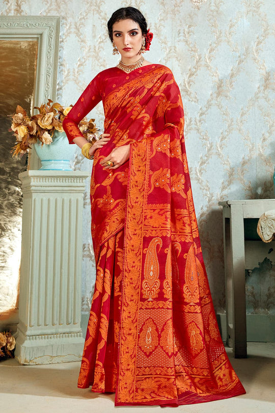 Vivid Red Cotton Silk Saree cotton silk saree