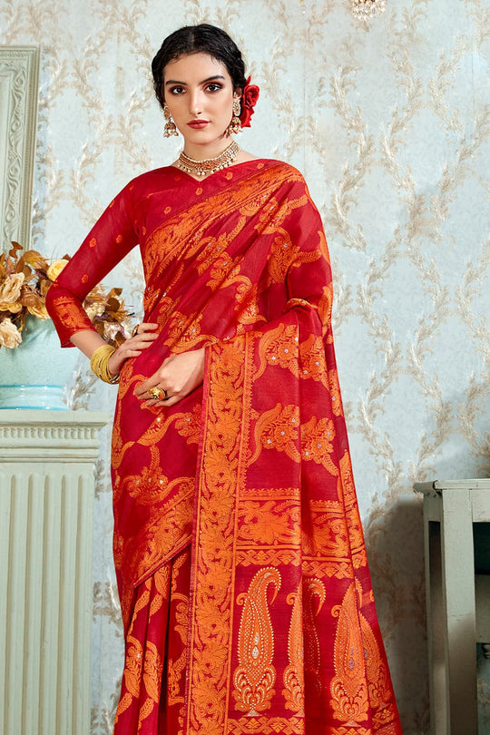 Vivid Red Cotton Silk Saree silk saree