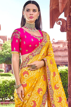 Creamy Yellow Woven Designer Banarasi Saree With Embroidered Silk Blouse