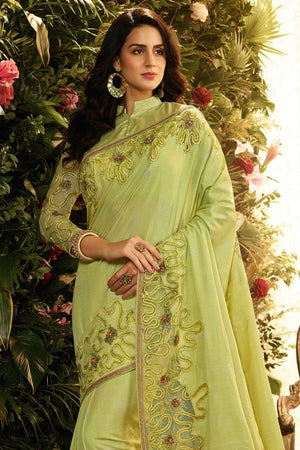 Olive Green Designer Embroidered Saree