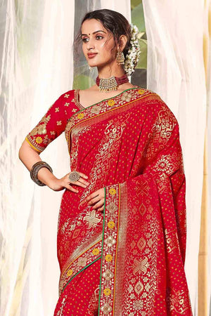 Rose Red Designer Banarasi Saree
