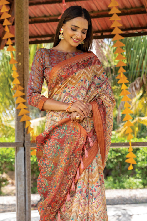 Antique White Digital Print Saree fancy saree