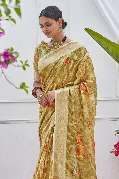 Asparagus Green Digital Print Saree digital print sarees online