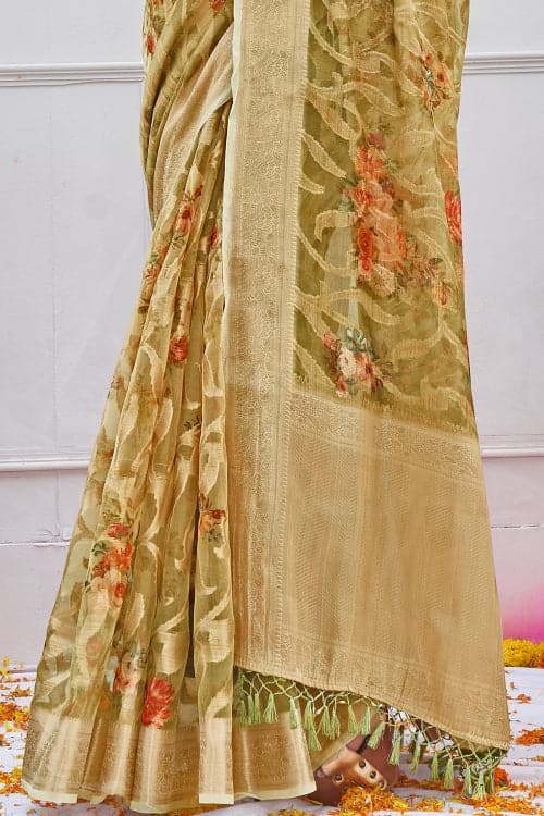 Asparagus Green Digital Print Saree fancy saree