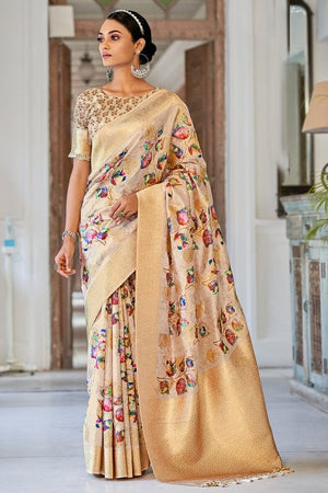 Cream Digital Print Saree