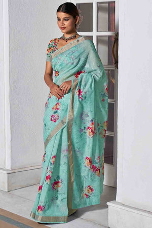 Deep Sky Blue Digital Print Saree