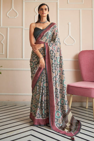 Grey Maroon Digital Print Saree