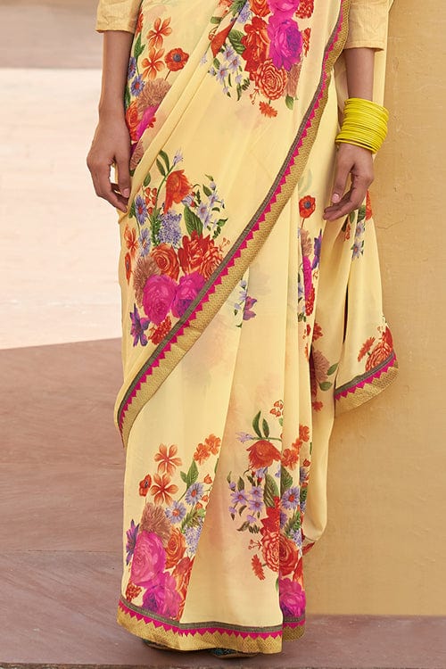 Lemon Yellow Digital Print Saree fancy saree