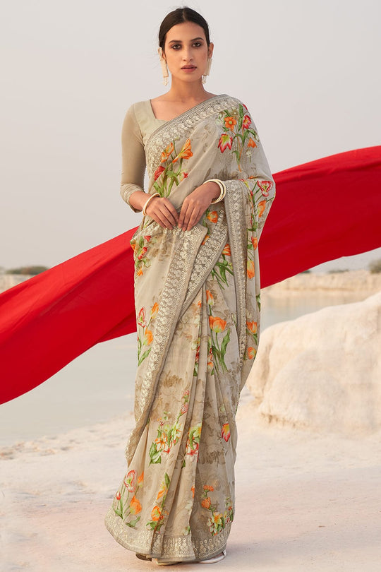 Antique White Georgette Saree white georgette saree