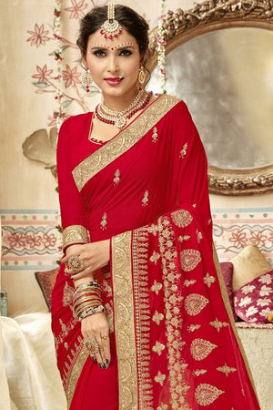 Apple Red Embroidered Georgette Saree