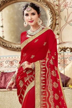 Apple Red Embroidered Georgette Saree