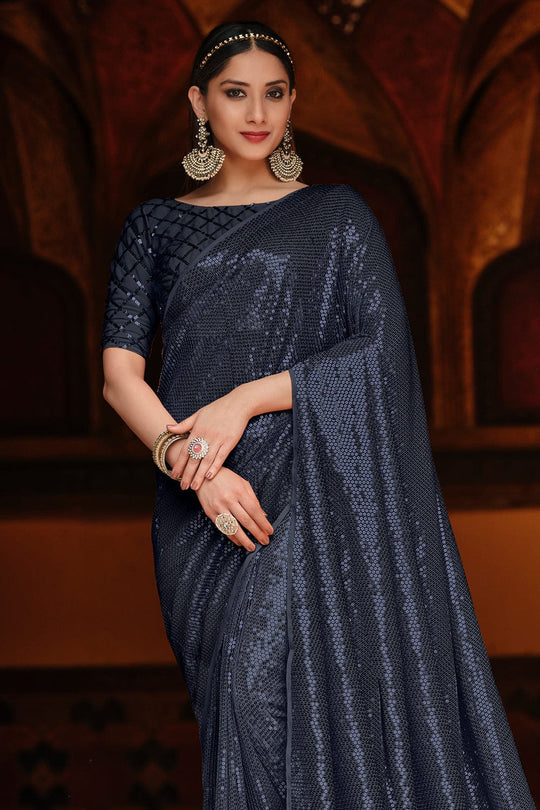 Charcoal Grey Geoegette Saree fancy saree