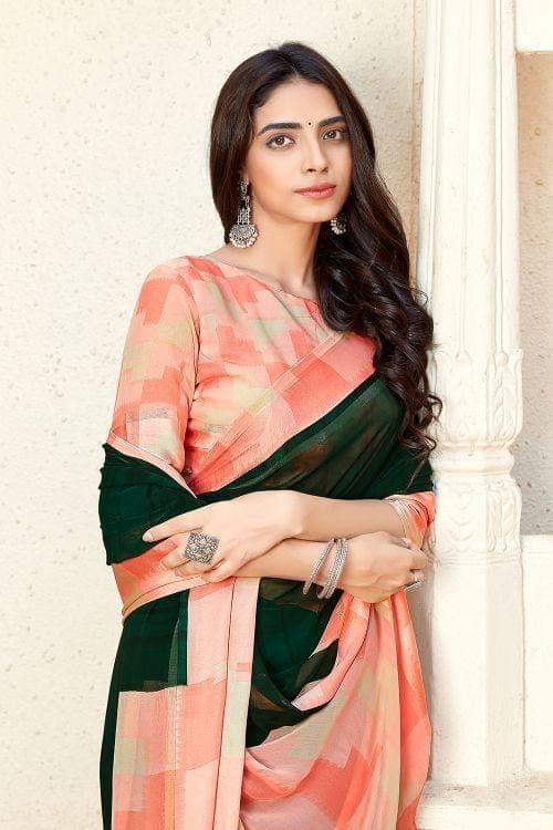 Green Printed Georgette Saree  georgette plain saree