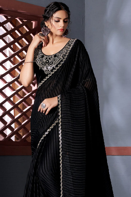 Jet Black Georgette Saree fancy saree