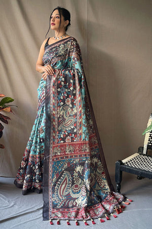 Cyan Blue Kalamkari Saree