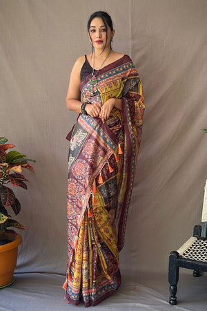 Flaxen Yellow Kalamkari Saree