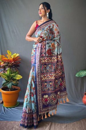 Sky Blue Kalamkari Saree