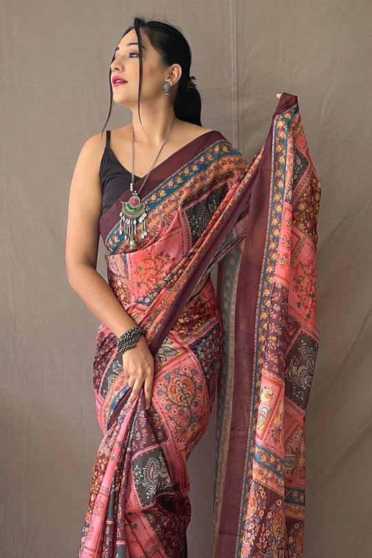 Thulian Pink Kalamkari Saree printed saree