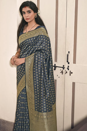 Anchor Grey Leaf Butta Design Kanjivaram Saree