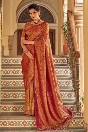 Auburn Red Kanjivaram Saree