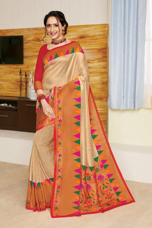 Beige & Red Meenakari & Gold Zari Woven Handcrafted Kanjivaram Saree