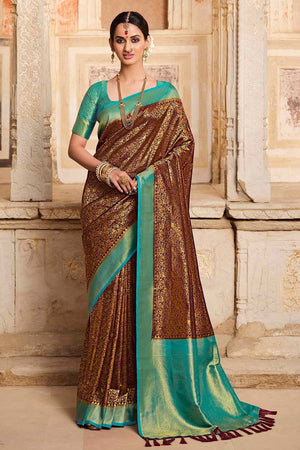 Brown Blue Kanjivaram Saree