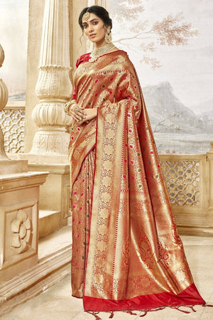 Cherry Red Zari Woveni Handcrafted Kanjivaram Saree - From Rajwada Collection!