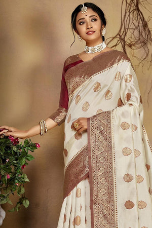 Cream And Brown Colour Kanjivaram Saree