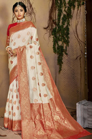 Kanjivaram Saree Cream And Red Colour Kanjivaram Saree saree online